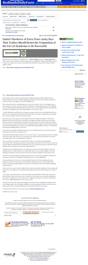 Dmitri Chavkerov Redlands Daily Facts (Redlands, CA) news story on long term trading success